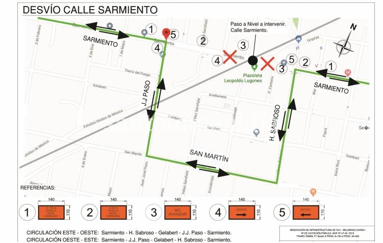 Desvío de tránsito en calle Sarmiento por obras de renovación de vías del ferrocarril