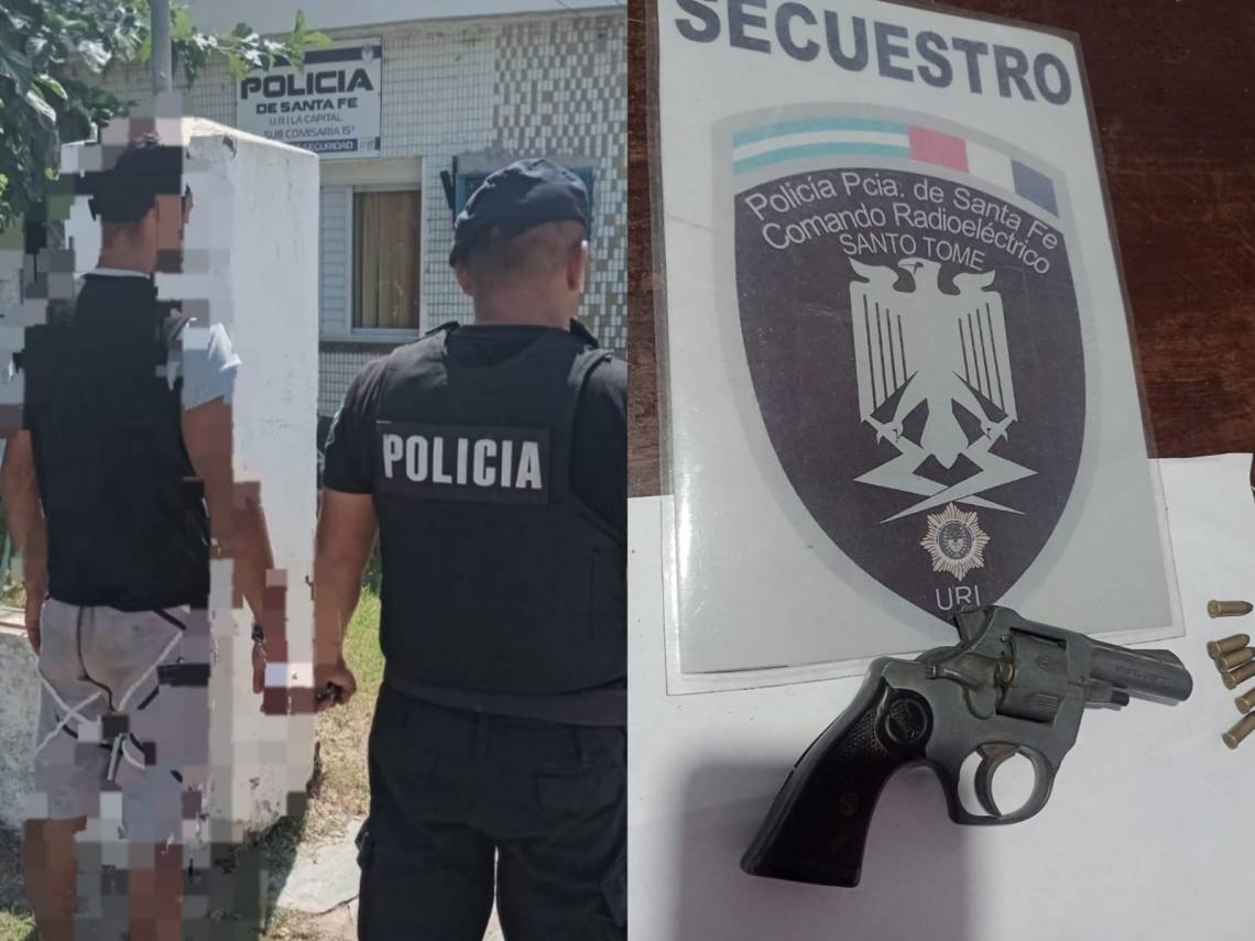 El delincuente detenido y el revólver secuestrado. 