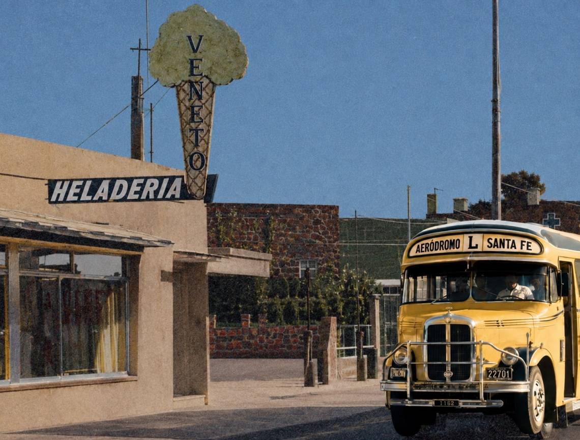 Una postal de 1971: el antiguo local de Veneto y la histórica Línea L, en una imagen recuperada del archivo familiar de la heladería.